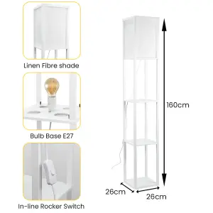 ValueLights Struttura Contemporary White Wooden Storage Shelf Floor Lamp with White Fabric Shade