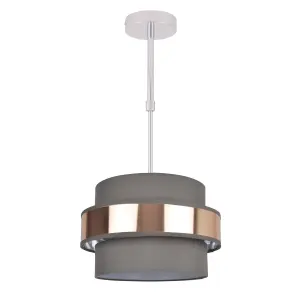 First Choice Lighting 2 Tier Grey Fabric & Brushed Copper Plated Banded Ceiling Adjustable Flush Shade