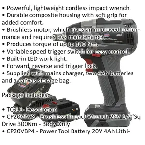 20V Brushless Impact Wrench Kit - 300Nm Torque - Includes 2 Batteries & Charger