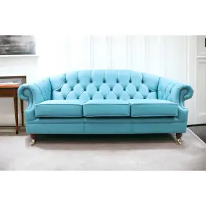 Chesterfield Handmade 3 Seater Sofa Settee Shelly Dark Teal Blue Leather In Victoria Style