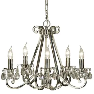 Esher Ceiling Pendant Chandelier Polished Nickel & Crystal Curved 5 Lamp Light