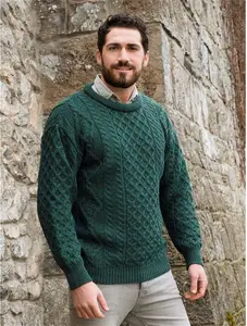 Men's Aran Cable Knit Crew Neck Wool Jumper Moss Green