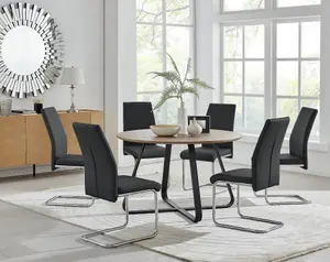 Furniturebox UK Santorini Brown Wood Effect Round Dining Table & 6 Black Lorenzo Chairs