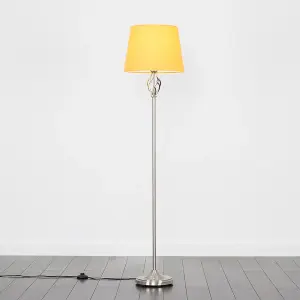 ValueLights Memphis Traditional Style Satin Nickel Barley Twist Floor Lamp with Mustard Light Shade