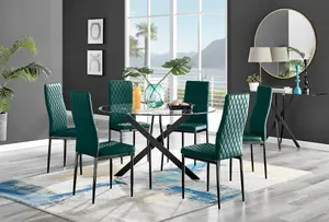 Furniturebox UK Novara Black Leg 120cm Round Glass Dining Table & 6 Green Velvet Milan Black Leg Chairs