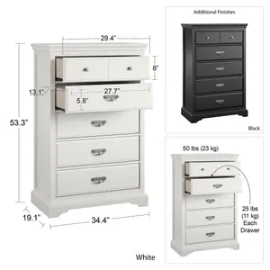 Bristol 5 Drawer Dresser White