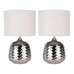 Set Of 2 Chrome Ceramic Dimple Table Lamps With White Shades (Set of 2) White