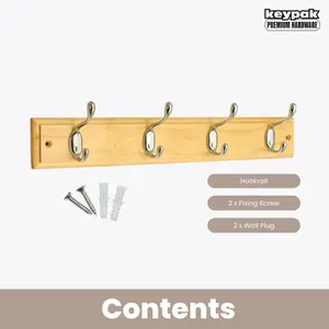 keypak 4-Hook Wall-Mounted Coat Rack, 45cm - Pine Wood Effect Board, Polished Chrome Coat Hooks - Fixings Included