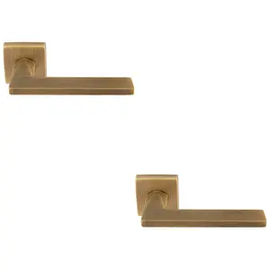 2 PACK - Premium Sleek Slim Door Handle Set - Antique Brass Angled Lever on Square Rose