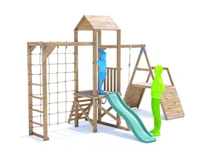 Dunster House Wooden Climbing Frame with Swing, Climbing Wall, Monkey Bars, Cargo Net & Slide BalconyFort Low Platform