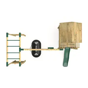 Rebo Orchard 4ft Wooden Children's Playhouse, Swings, Monkey Bars, Deck & 6ft Slide - Double Swing - Sage Green