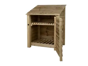 Wooden log store with door and kindling shelf W-99cm, H-126cm, D-88cm - natural (light green) finish