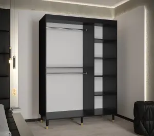 Bergen Contemporary 2 Sliding Door Wardrobe Gold Handles Marble Effect 5 Shelves 2 Rails Black (H)2080mm (W)1500mm (D)620mm