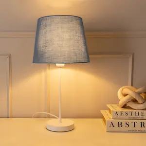 ValueLights Charles White Single Stem Table Lamp with Grey Tapered Lamp Shade and LED Bulb