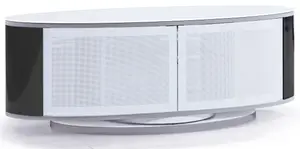 MDA Designs LUNA Gloss White Oval Cabinet with Black Profiles and White BeamThru Glass Doors for Flat Screen TVs up to 50"