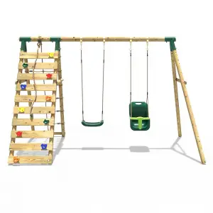 Rebo Wooden Swing Set with Up and Over Climbing Wall - Kai Green