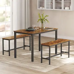 VASAGLE Dining Table with 2 Benches, 3 Pieces Set, Kitchen Table of 110 x 70 x 75 cm, 2 Benches of 97 x 30 x 50 cm Each