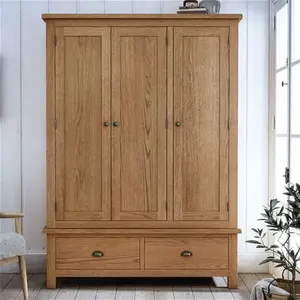 Oak World Ancroft Oak Triple Wardrobe 3 Doors & 2 Drawers With A Natural Waxed Finish & Bronzed Handles