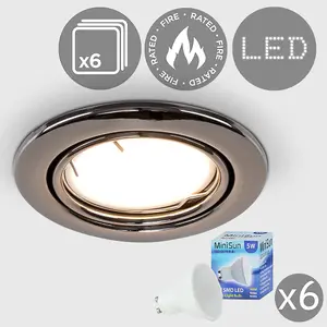 ValueLights Downlight Tiltable Fire Rated Black Chrome Ceiling Light Fitting 6 Pack With Warm White Bulbs