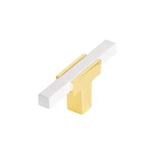 DecorAndDecor - KOTATA White & Gold T-Bar Two Tone Slim Rectangular Kitchen Cabinet Knob Handle - Pair