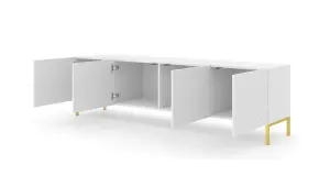 Sleek White Surf TV Cabinet with Gold Legs (W)200cm (H)56cm (D)42cm - Elegant & Handle-Free