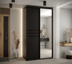  Cannes XI Mirrored Sliding Door Wardrobe W130cm - Sleek Black Storage for Compact Spaces