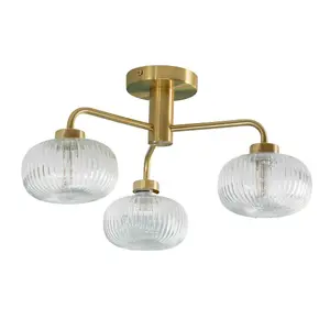 ValueLights Amaia 3 Way Ceiling Light Ribbed Glass Shade IP44 Bathroom - Gold - Bulbs Included