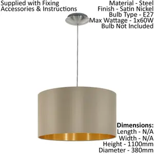 Pendant Ceiling Light Colour Satin Nickel Steel Shade Taupe Gold Fabric Bulb E27 1x60W