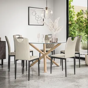 Malvern Round Dining Table And Chairs -  Clear Glass Table Top w Solid Oak Legs + Monza Fabric Dining Chair Set Of 6 (Beige)