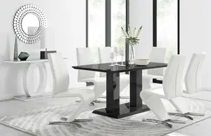 Imperia Black High Gloss 6 Seater Dining Table with Structural 2 Plinth Column Legs And 6 White Faux Leather Willow Chairs