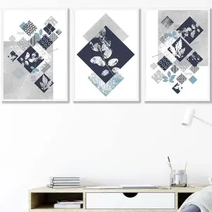 Set of 3 Graphical Abstract Floral Navy Blue Grey Wall Art Prints / 42x59cm (A2) / White Frame