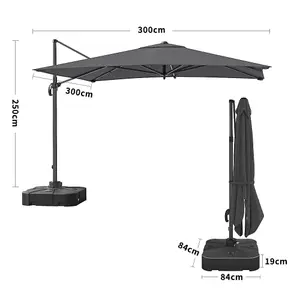 3M Large Square Canopy Rotatable Tilting Garden Rome Umbrella Cantilever Parasol with 100 L Fillable Base, Dark Grey