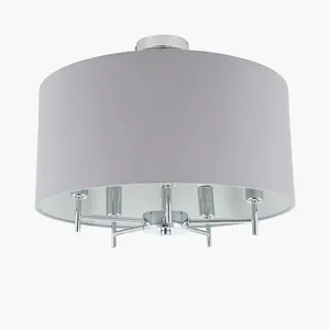 Large Linen 5 Arm Ceiling Light With Grey Drum Lampshade