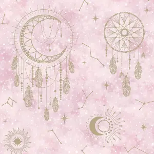 WallpaperShop Dreamcatcher Pink Gold Wallpaper Children's Bedroom Feature Wall