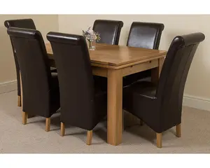 Richmond 140cm - 220cm Oak Extending Dining Table and 6 Chairs Dining Set with Montana Brown Leather Chairs