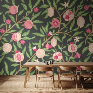 Origin Murals Fruit And Foliage - Black and Rose Pink Matt Smooth Paste the Wall Mural 350cm wide x 280cm high