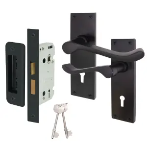 AFIT Black Victorian Scroll Door Handle Key Lock Set, Pair of Internal Lever Lock Handles on Backplate with Sash Lock 64mm & Keys