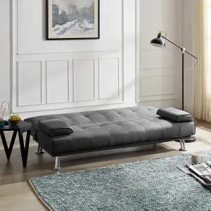 Montana Sofa Bed 3 Seater Charcoal Fabric Padded Tufted Recliner Clic Clac Double Sofabed Chrome Legs Cushioned Armrests