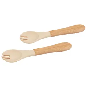 Bamboo Baby Weaning Forks with Silicone Tip - Beige - Pack of 2