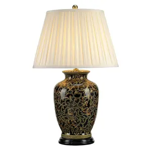 Table Lamp Large Chinese Base Cream Double Pleat Shade Gold Black LED E27 60W