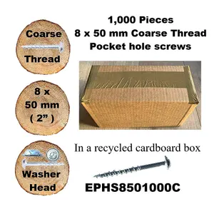 Pocket Hole Screws for Softwoods, 50mm Long, Pack of 1,000, Coarse Self-Cutting Threaded Square Drive, EPHS8501000C