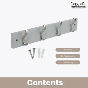 keypak Wall-Mounted Coat Rack - 4 Hooks on Modern Wooden Base for Wall & Door - 38cm (Satin Nickel/Dove Grey)