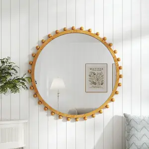 79cm Dia Pine Wood Wall Mounted Shatterproof Mirror Decorative Mirror