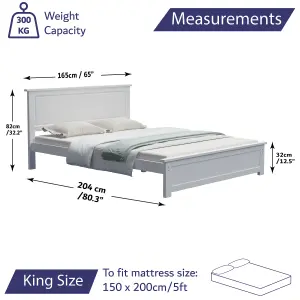 Wooden King Size Bed Frame 5ft Solid White Bed For Adults Kids Teenagers - No Mattress