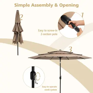 Costway 3 X 3M Patio Umbrella 3-Tier Double Vented Outdoor Crank Umbrella Market Table Umbrella