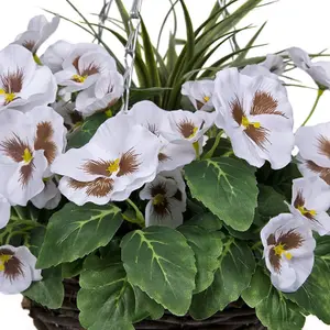 GreenBrokers 2 x Artificial White Pansy Rattan Hanging Baskets (52cm/20in)