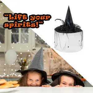 Halloween Witches Hat with Lace Feather/Rose Detail Trick or Treat 44cm Black