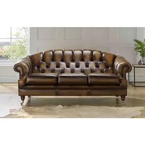 Chesterfield Victoria 3 Seater Leather Sofa Settee Antique Tan Leather