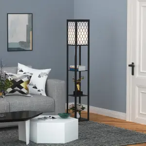 HOMCOM Modern Floor Lamp Light w/ 4-tier Storage Shelves Fabric Lampshade Black