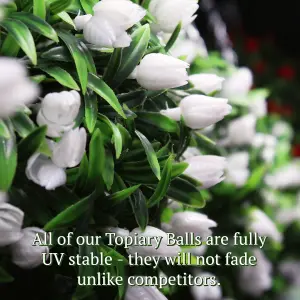 Best Artificial 38cm White Lush Tulip Hanging Basket Flower Topiary Ball - Suitable for Outdoor Use - Weather & Fade Resistant